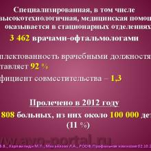 Нероев В.В., Харлампиди М.П., Михайлова Л.А. Оказание специализированной, в том числе высокотехнологичной, медицинской помощи при заболеваниях глаза, его придаточного аппарата и орбиты в соответствии со стандартами медицинской помощи. Доклад на заседании профильной комиссии по офтальмологии и детской офтальмологии при Экспертном совете Министерства здравоохранения Российской Федерации. В рамках VI Российского общенационального офтальмологического форума (РООФ-2013). Media Partner www.organum-visus.com
