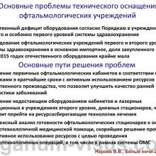 Нероев В.В. Актуальные вопросы организации офтальмологической помощи в Российской Федерации. Доклад на офтальмологическом конгрессе Белые ночи-2015, г. Санкт-Петербург, Россия. Опубликовано www.avo-portal.ru Информационный партнер www.organum-visus.com