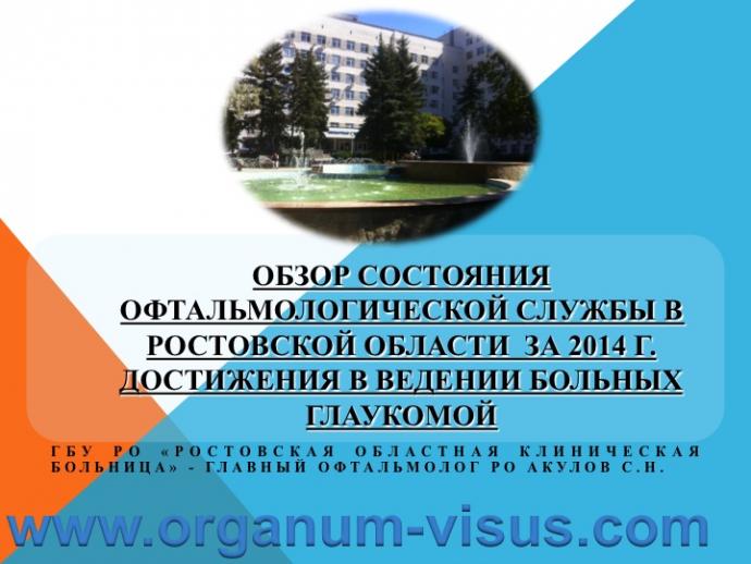 Акулов С.Н. Обзор состояния офтальмологической службы в Ростовской области за 2014 год. Достижения в ведении больных глаукомой. Доклад на научно-практической конференции, посвященной Всемирной Неделе Борьбы с Глаукомой: «Актуальные вопросы глаукомы» (World Glaucoma Week, WGW-2015, 12 марта 2015г.). При поддержке компании Пфайзер. Информационный партнер www.organum-visus.com