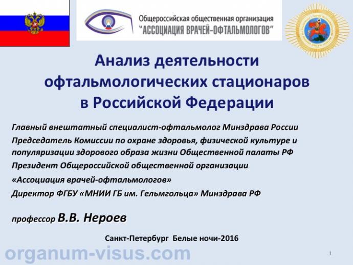 Нероев В.В. Анализ деятельности офтальмологических стационаров в Российской Федерации. Доклад на XXII офтальмологическом конгрессе "Белые ночи" 30 мая 2016 года, Санкт-Петербург, Россия (White Nights-2016: Ophthalmology Congress). Информационный партнер organum-visus.com